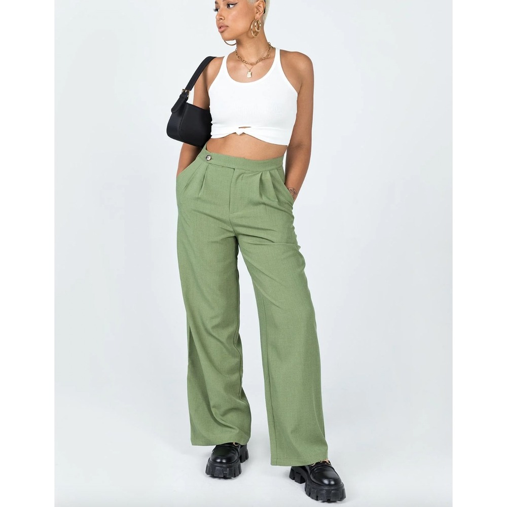 PRINCESS POLLY Lovilla High Waist Wide Leg Pants Pleated Pockets Size‎ 2 Green